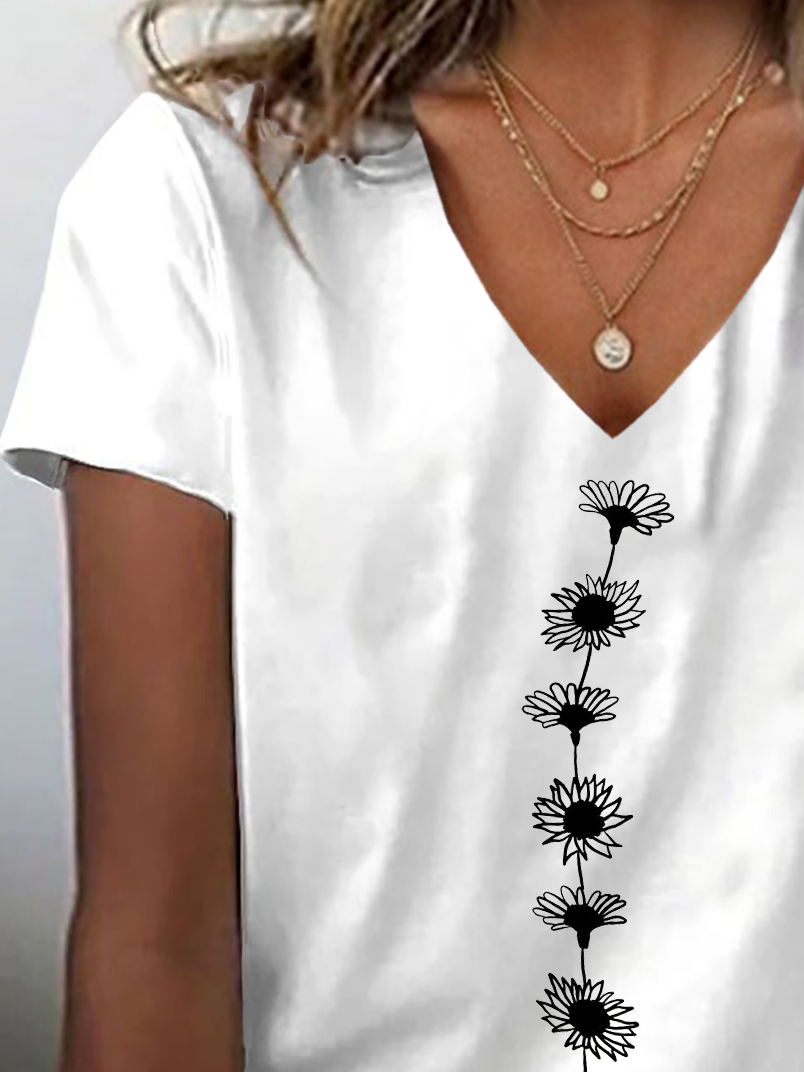 Lässig Geblümt V-Ausschnitt Kurzarm T-Shirt
