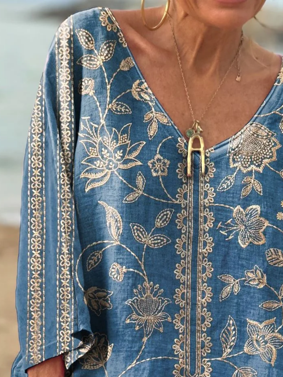 Lässig Geblümt V-Ausschnitt Langarm T-Shirt