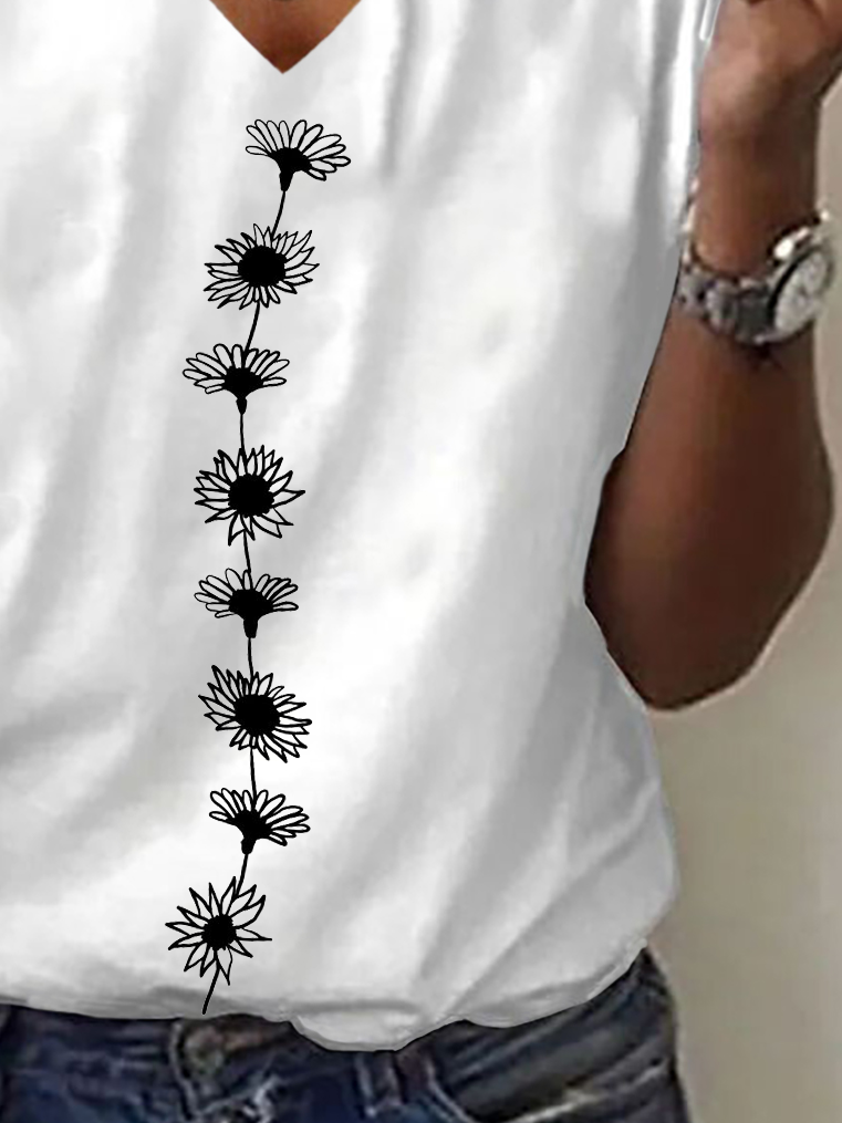 Lässig Geblümt V-Ausschnitt Kurzarm T-Shirt