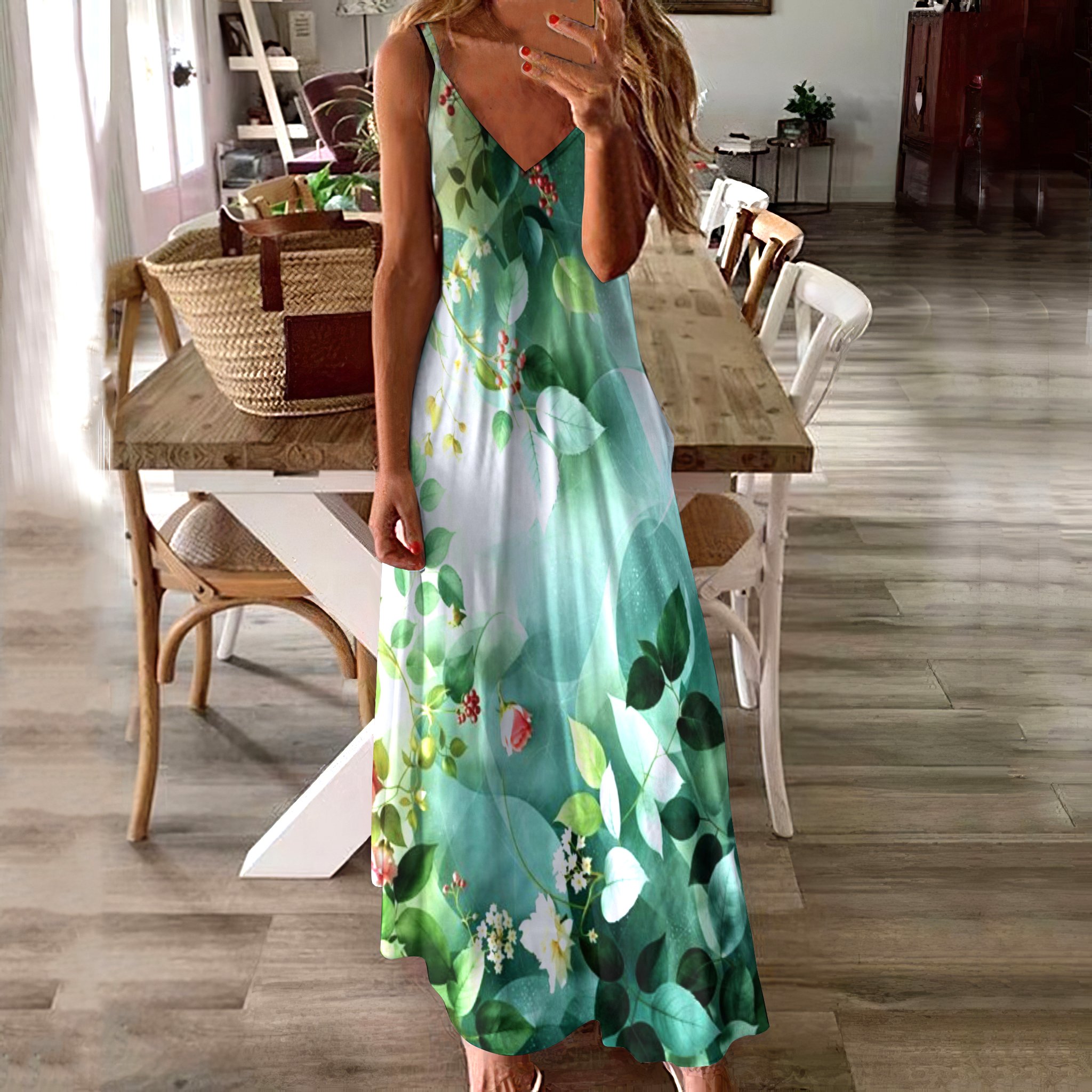 Damen Geometrisch Spaghettiträger Ärmellos Bequem Lässig Maxikleid