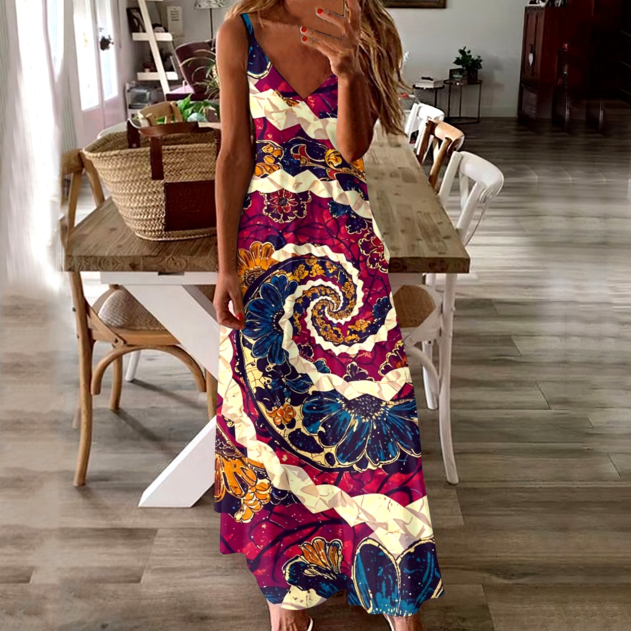 Damen Geometrisch Spaghettiträger Ärmellos Bequem Lässig Maxikleid