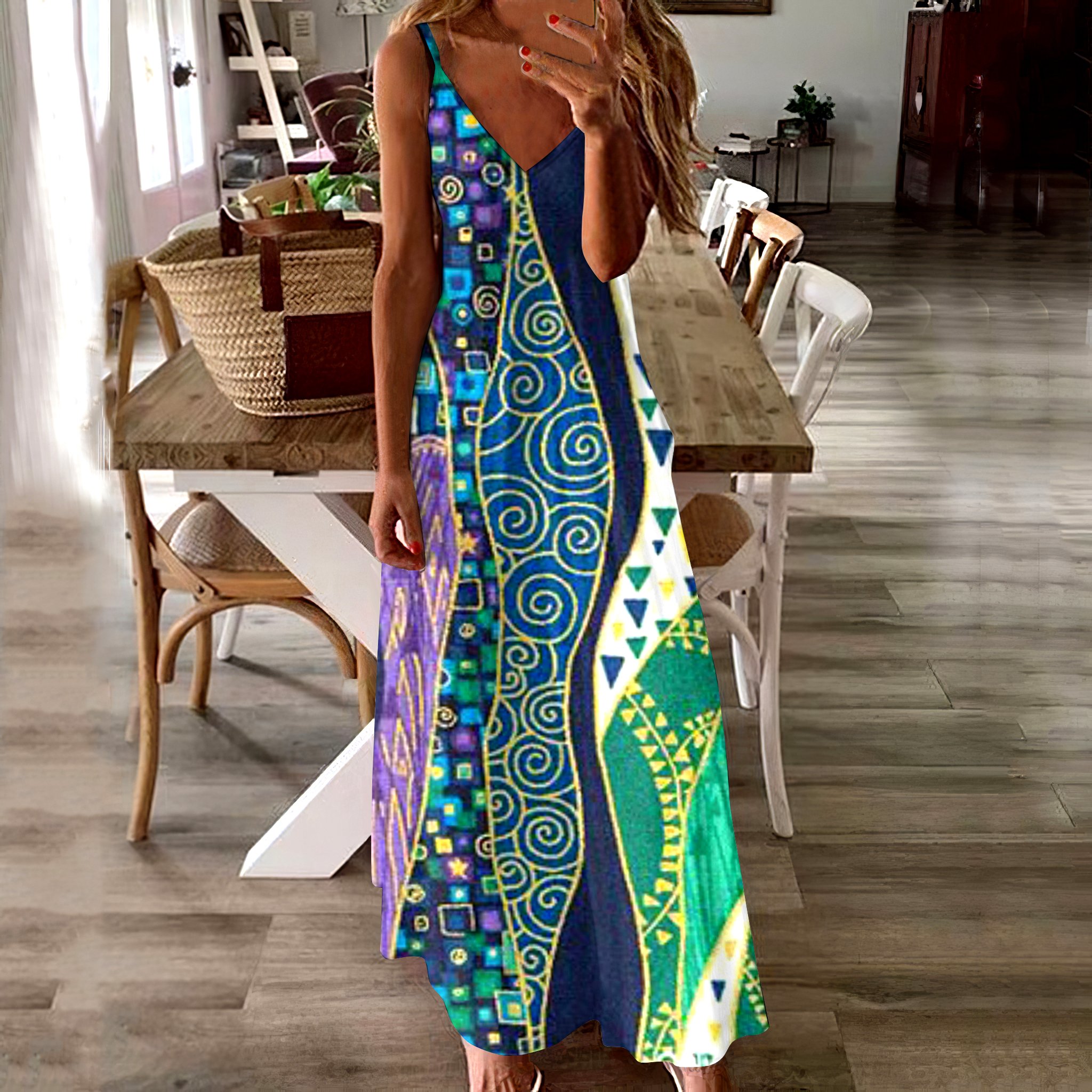 Damen Geometrisch Spaghettiträger Ärmellos Bequem Lässig Maxikleid