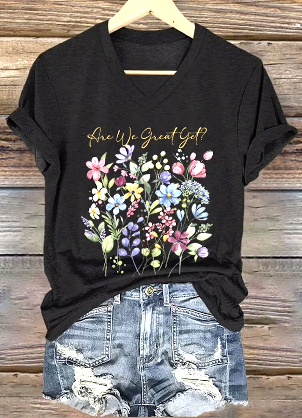 Lässig Geblümt V-Ausschnitt Kurzarm T-Shirt