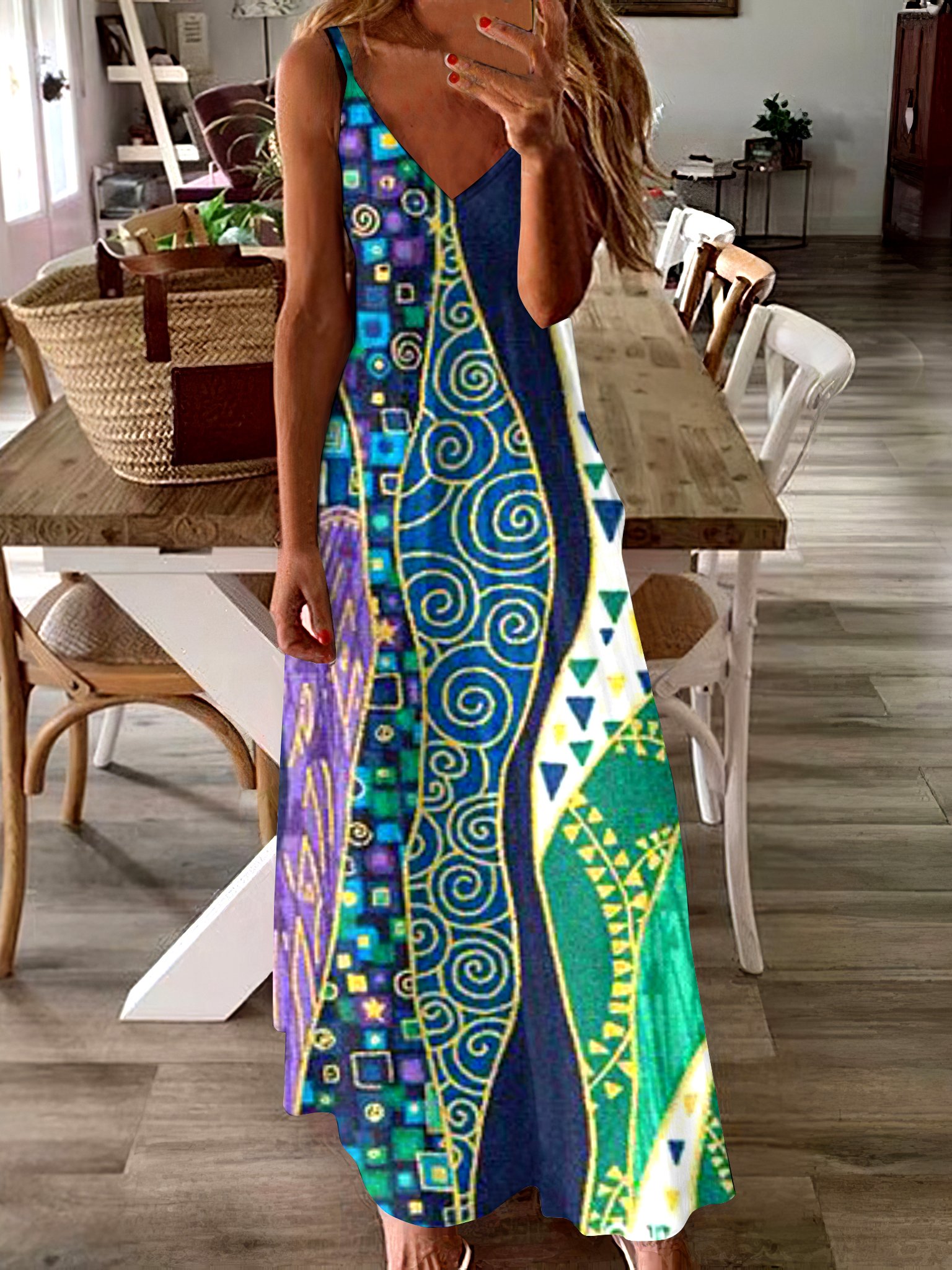 Damen Geometrisch Spaghettiträger Ärmellos Bequem Lässig Maxikleid
