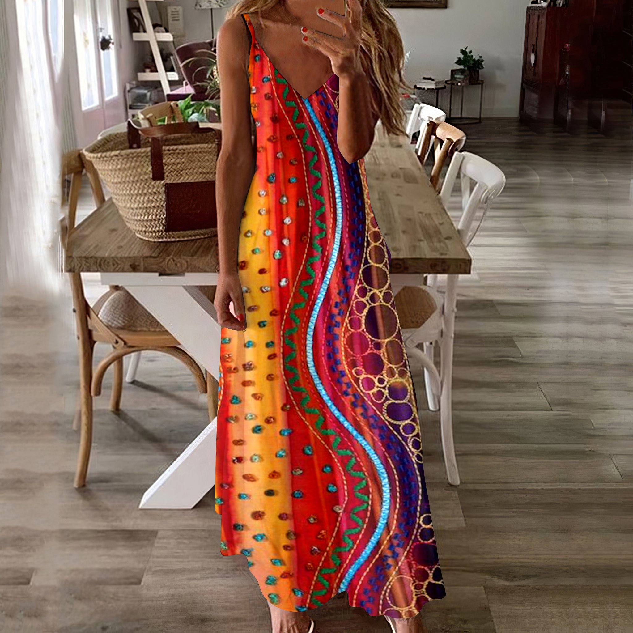Damen Geometrisch Spaghettiträger Ärmellos Bequem Lässig Maxikleid