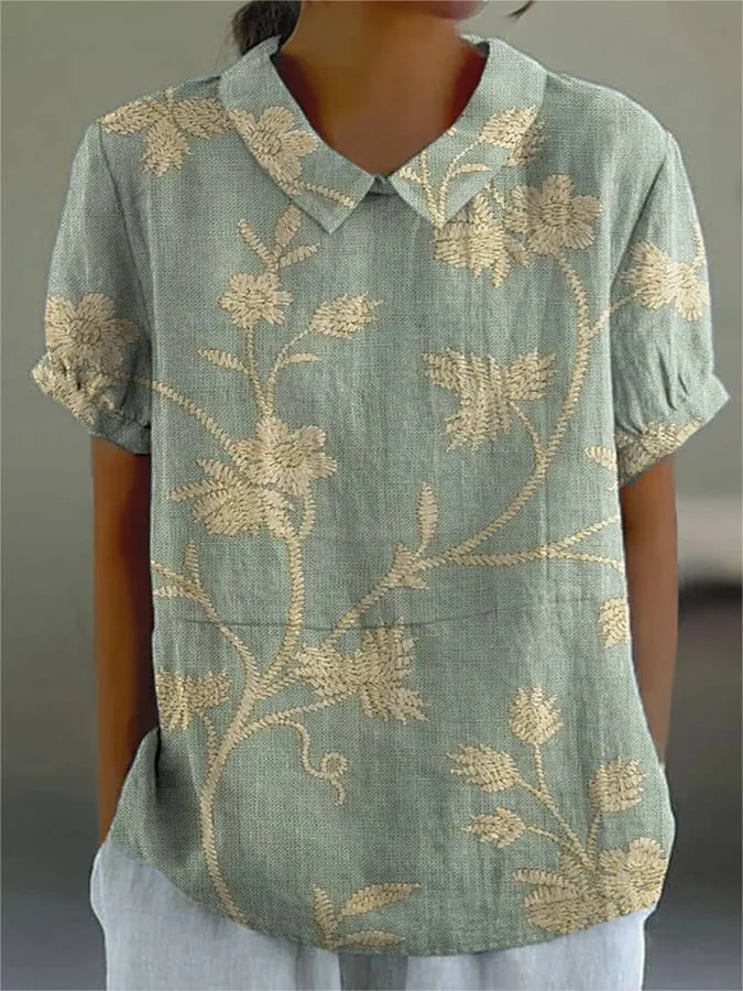 Schalkragen Kurzarm Geblümt Print Leicht Weit Bluse für Damen