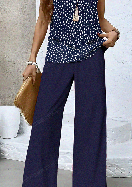 Damen Polka Dots Rundhals Ärmellos Bequem Lässig Bluse mit Hose Zweiteiliges Set