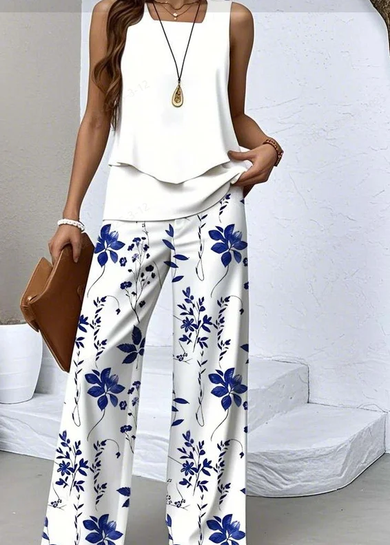 Damen Geblümt Zweiteiliges Set Täglich Ärmellos Lässig Sommer Bluse mit Hose Matching Set
