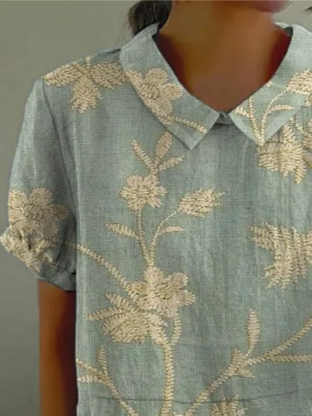 Schalkragen Kurzarm Geblümt Print Leicht Weit Bluse für Damen