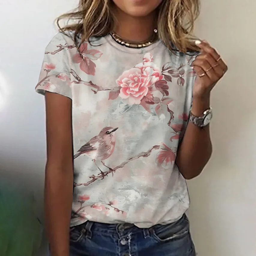 Lässig Geblümt Rundhals Kurzarm T-Shirt