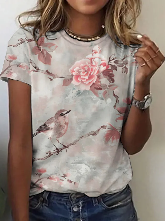 Lässig Geblümt Rundhals Kurzarm T-Shirt