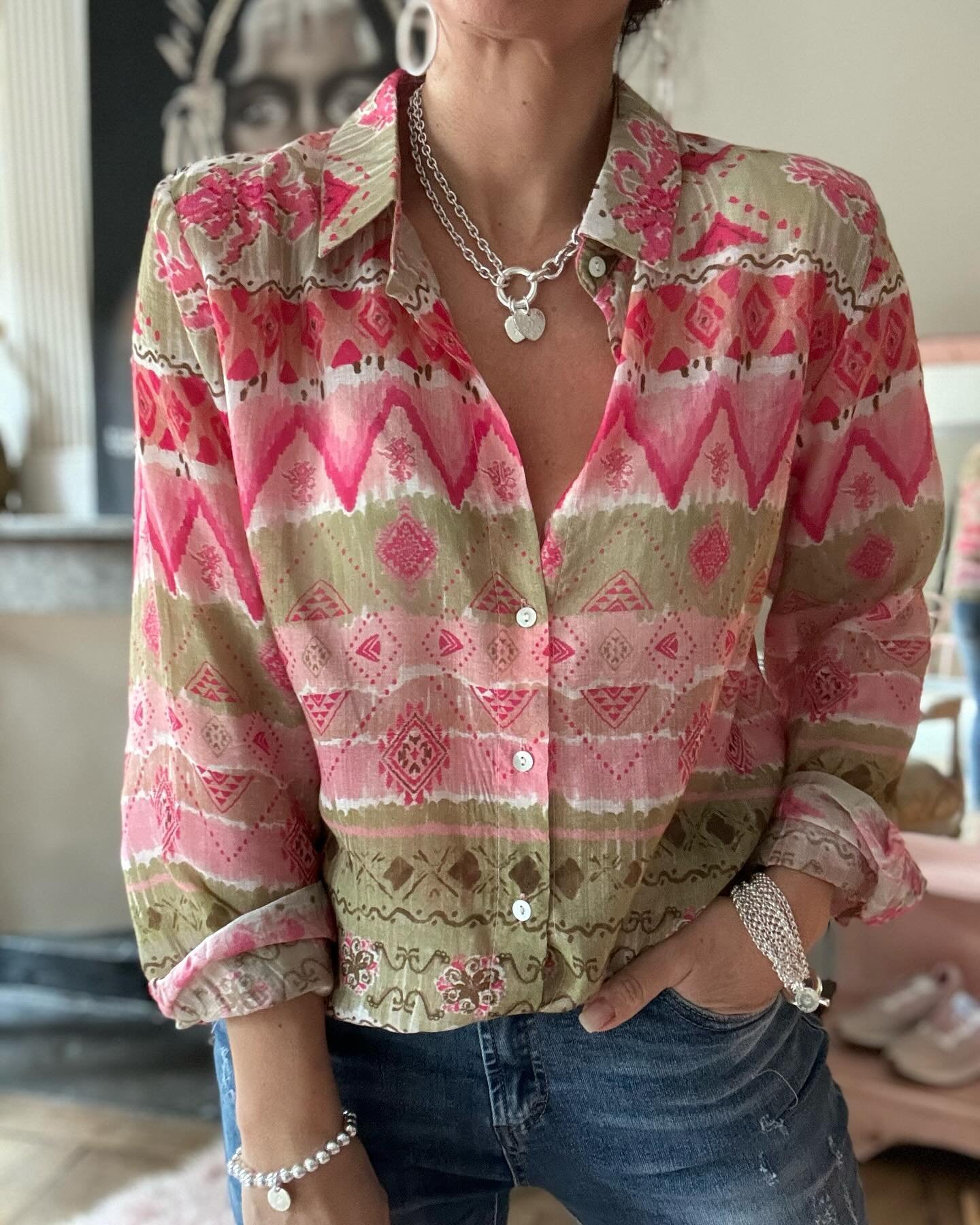Hemdkragen Langarm Geometrisch Regelmäßig Mikroelastizität Regelmäßige Passform Bluse für Damen