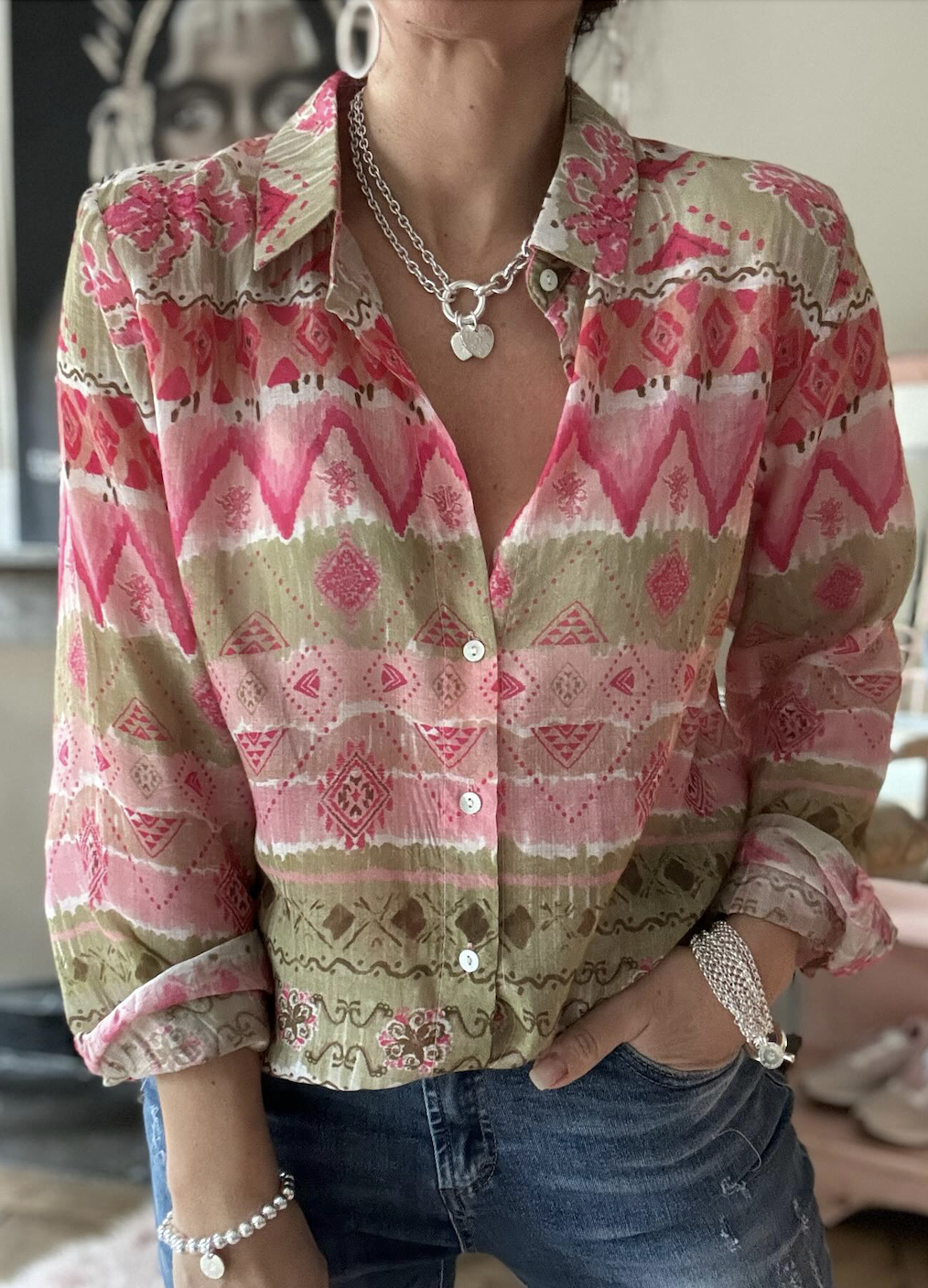 Hemdkragen Langarm Geometrisch Regelmäßig Mikroelastizität Regelmäßige Passform Bluse für Damen