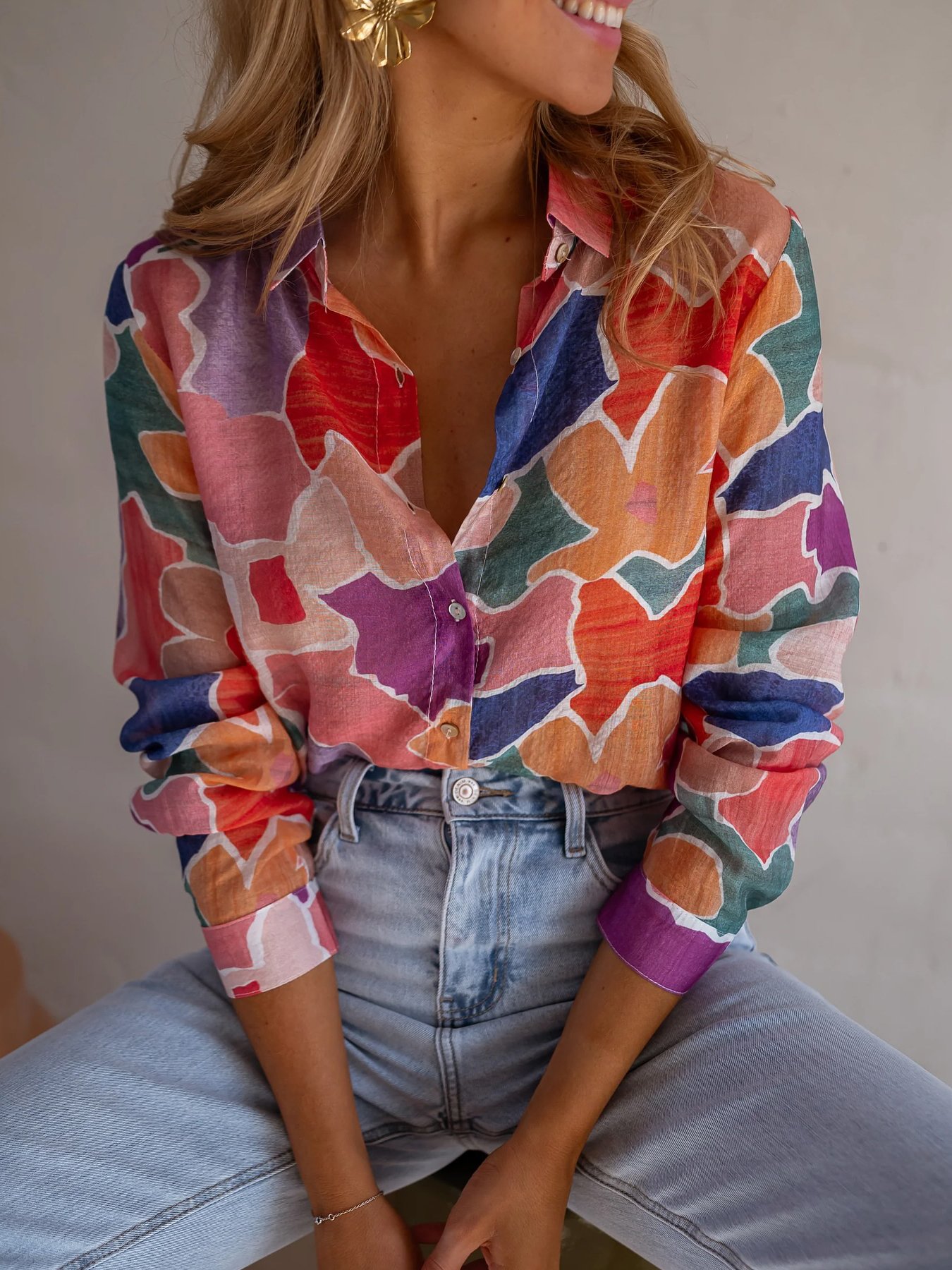 Hemdkragen Langarm Geometrisch Regelmäßig Mikroelastizität Regelmäßige Passform Bluse für Damen