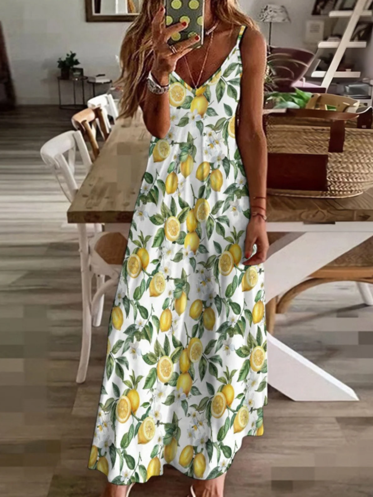 Damen Obst V-Ausschnitt Gallus Bequem Lässig Maxikleid