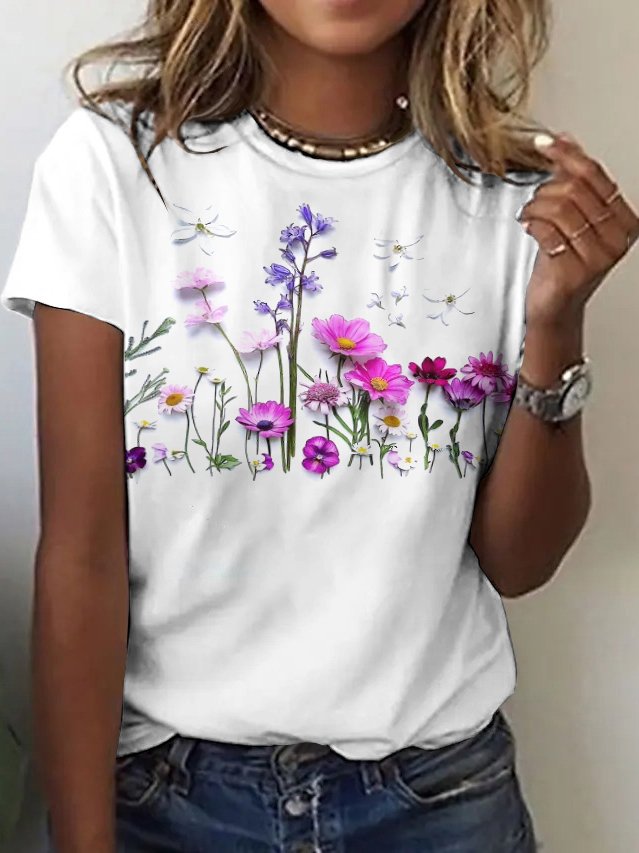 Lässig Geblümt Rundhals Kurzarm T-Shirt