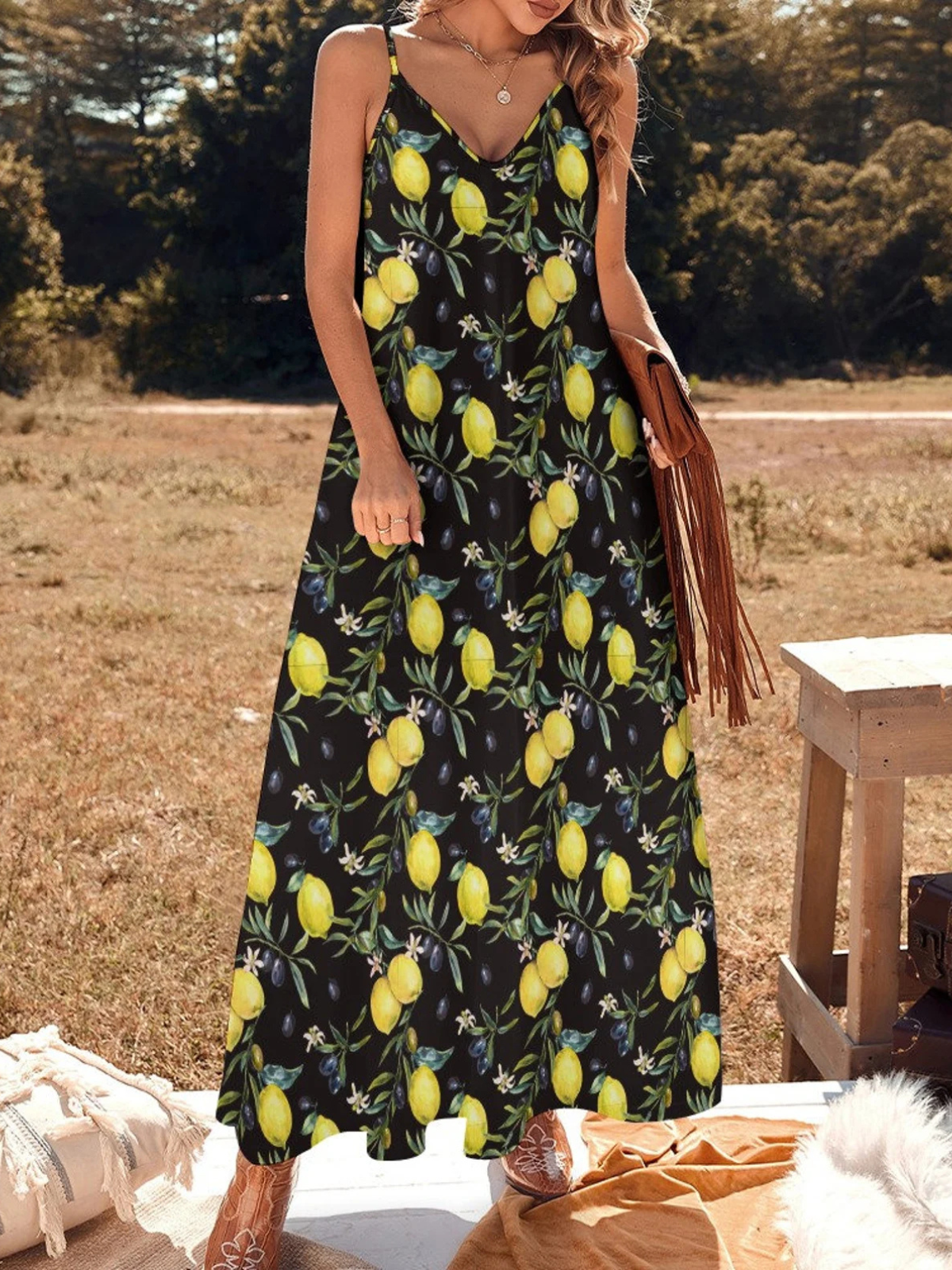 Damen Obst V-Ausschnitt Gallus Bequem Lässig Maxikleid