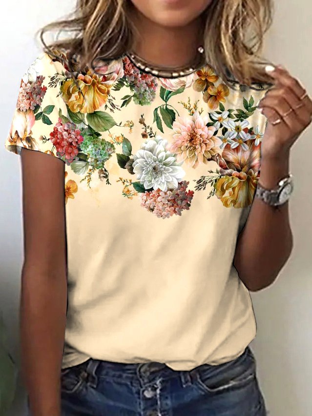 Lässig Geblümt Rundhals Kurzarm T-Shirt
