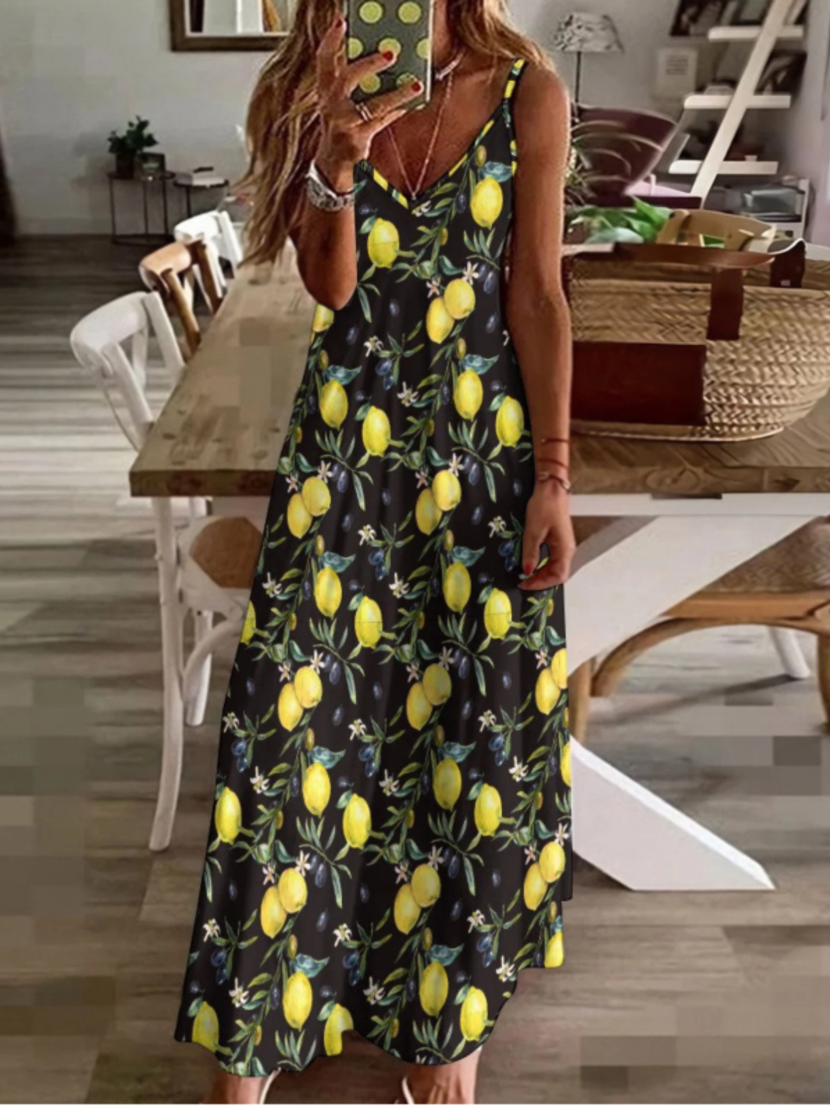 Damen Obst V-Ausschnitt Gallus Bequem Lässig Maxikleid