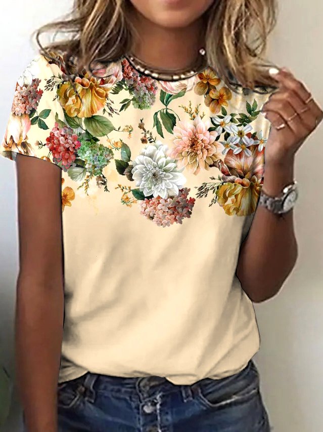 Lässig Geblümt Rundhals Kurzarm T-Shirt