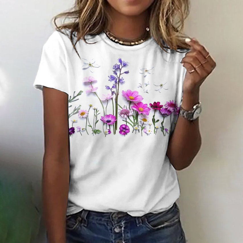 Lässig Geblümt Rundhals Kurzarm T-Shirt