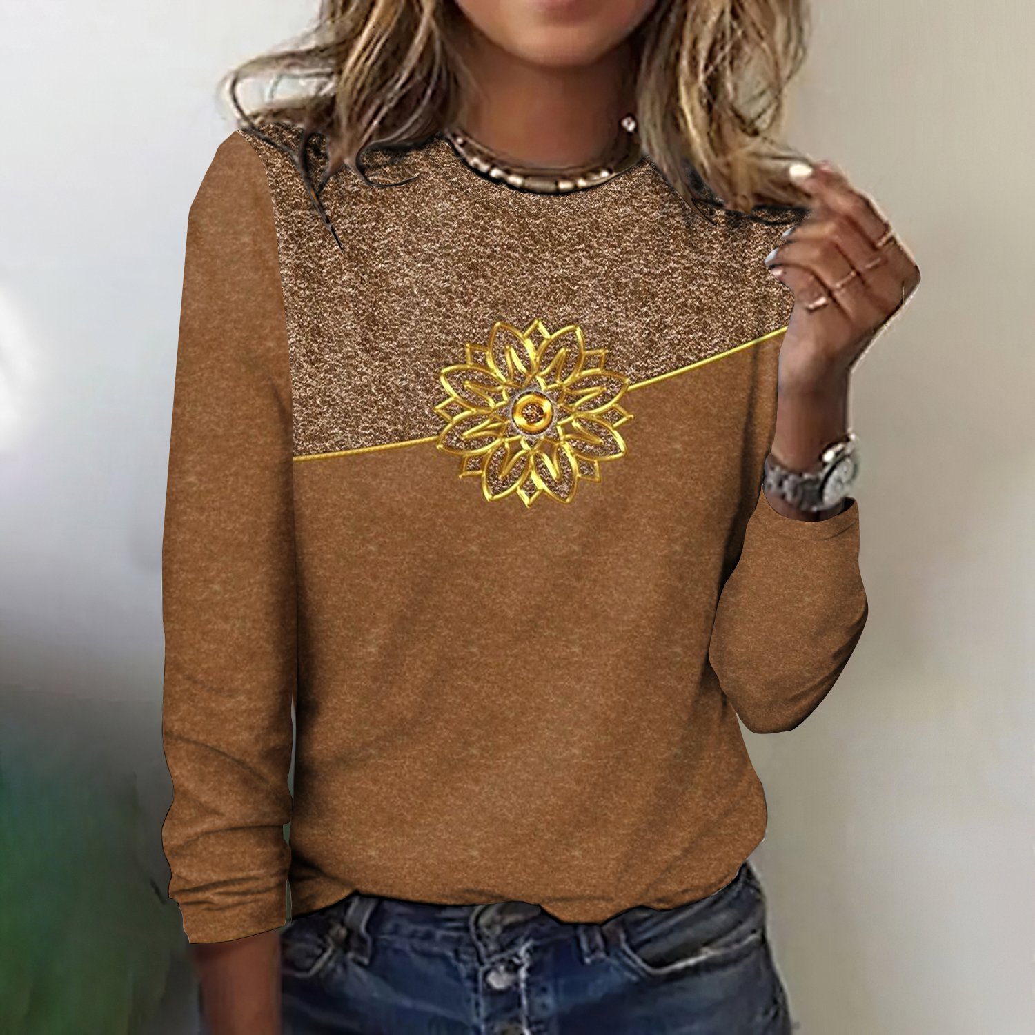 Lässig Geometrisch Rundhals Langarm T-Shirt