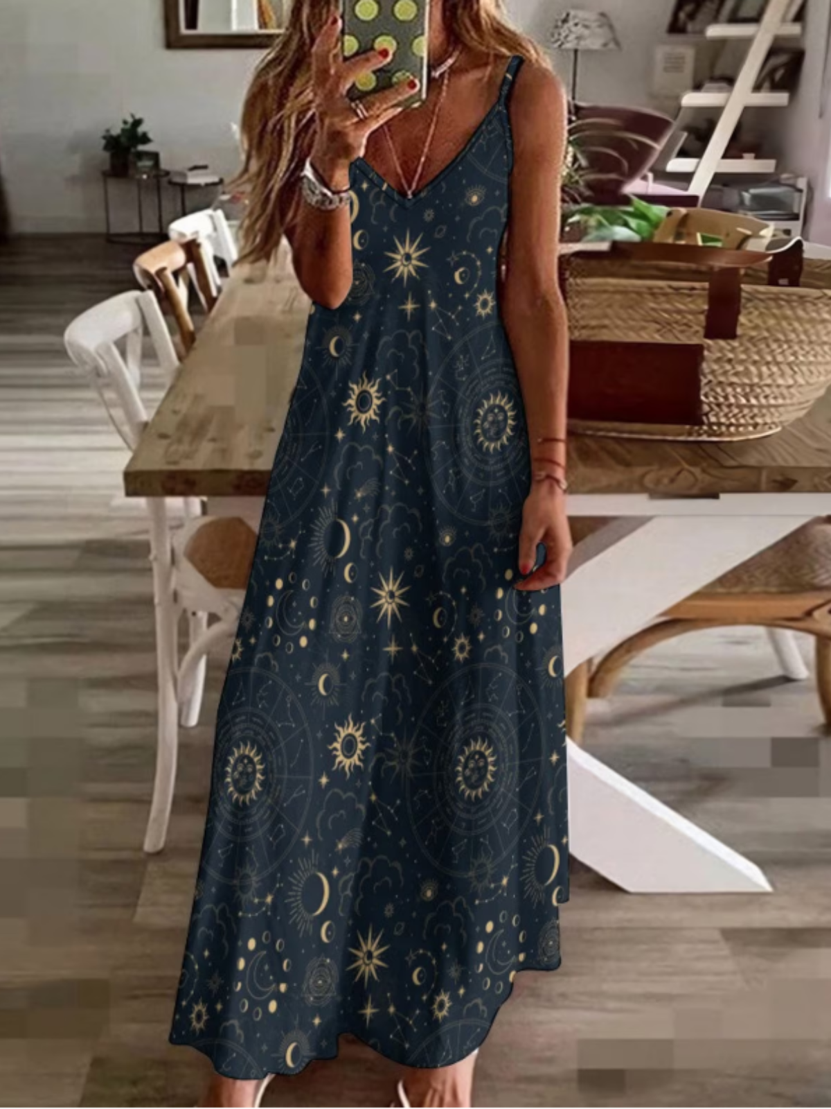 Damen Stern V-Ausschnitt Gallus Bequem Lässig Maxikleid