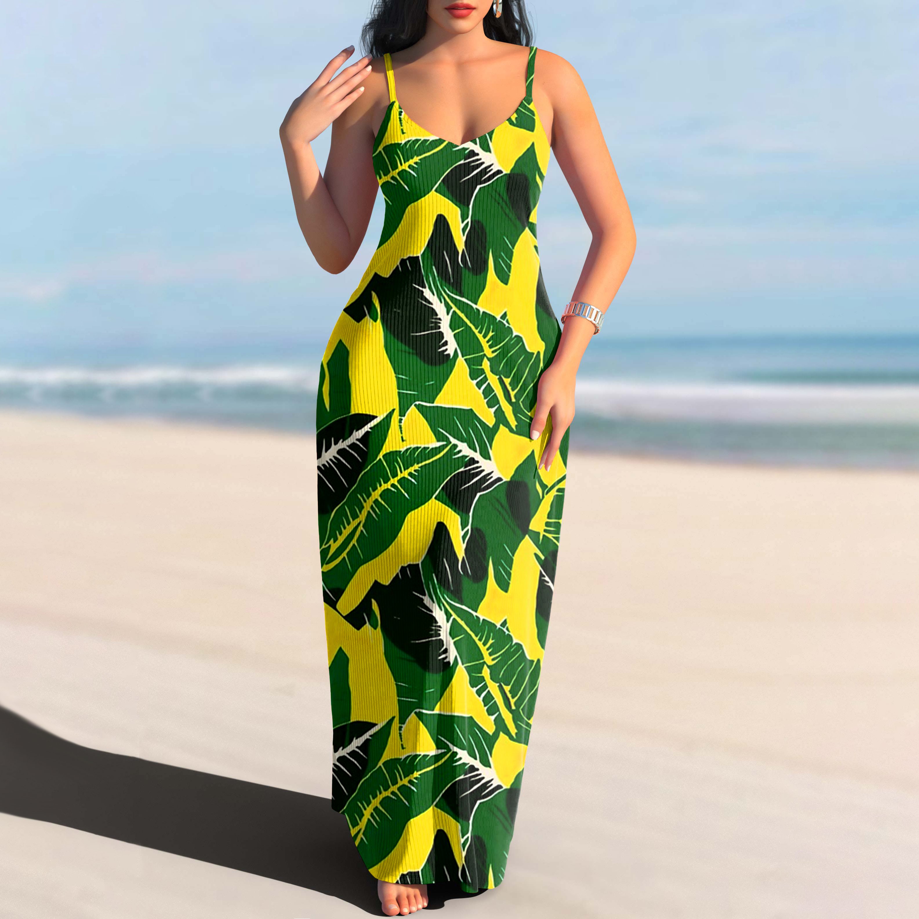 Damen Geblümt Spaghettiträger Ärmellos Bequem Lässig Maxikleid