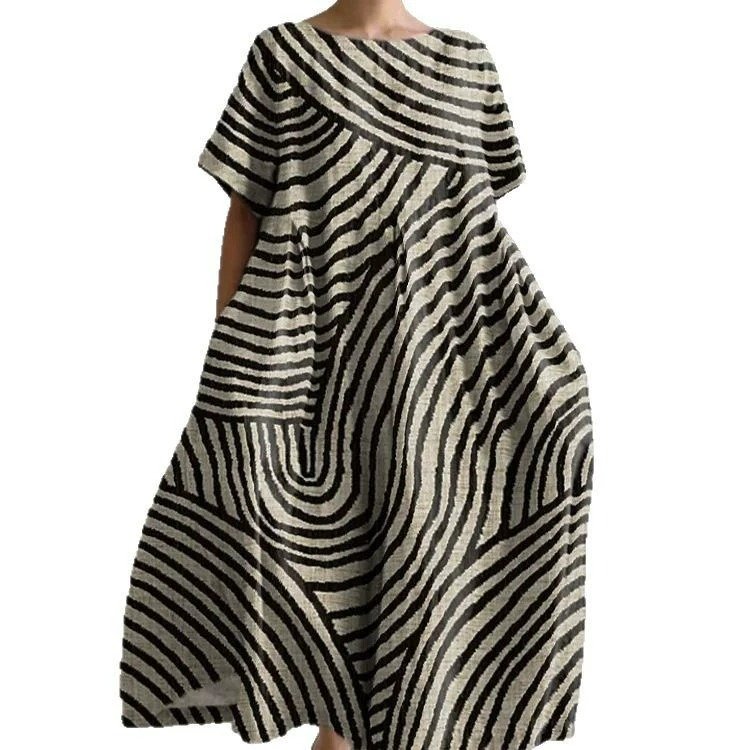 Damen Gestreift Rundhals Kurzarm Bequem Lässig Maxikleid