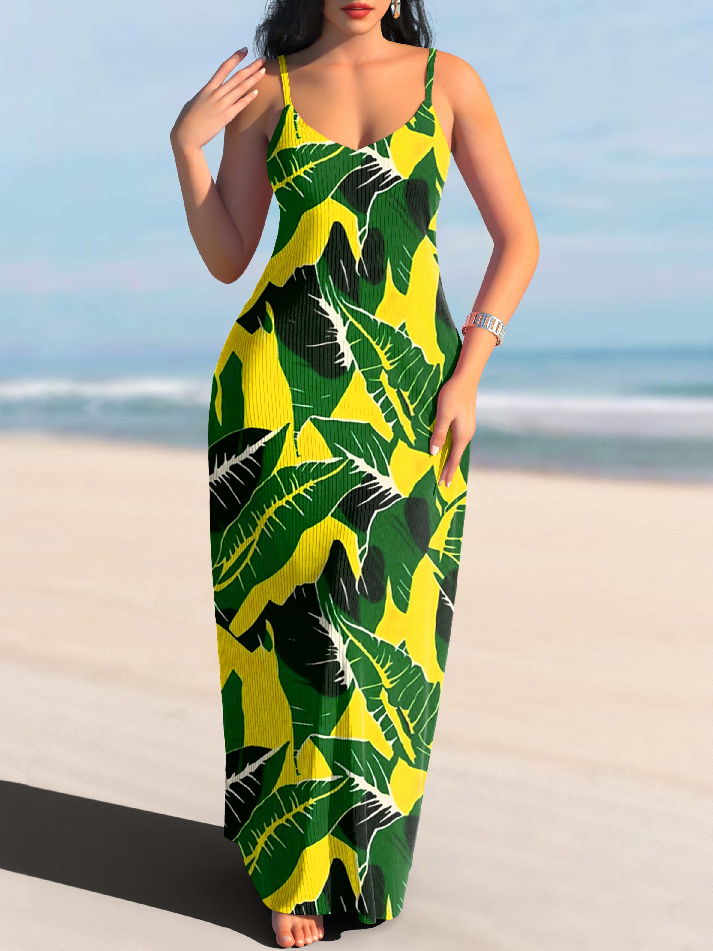 Damen Geblümt Spaghettiträger Ärmellos Bequem Lässig Maxikleid