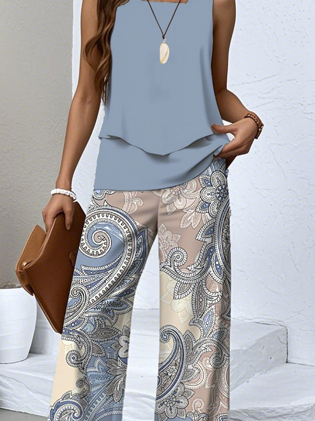 Damen Paisley Rundhals Ärmellos Bequem Lässig Bluse mit Hose Zweiteiliges Set