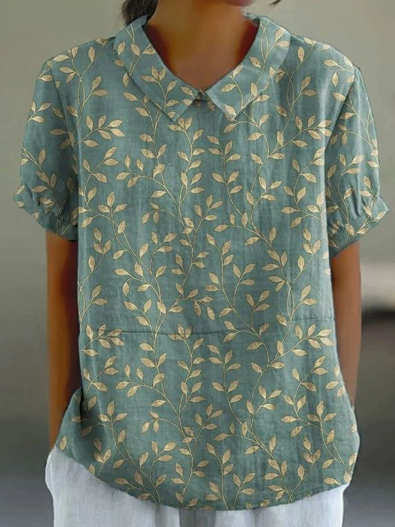 Schalkragen Kurzarm Geblümt Print Leicht Weit Bluse für Damen