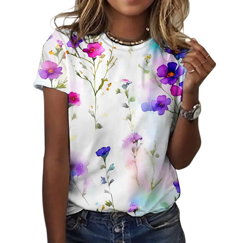 Lässig Geblümt Rundhals Kurzarm T-Shirt