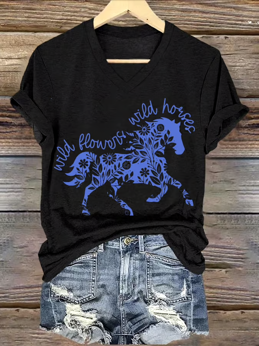 Lässig Geblümt V-Ausschnitt Kurzarm T-Shirt