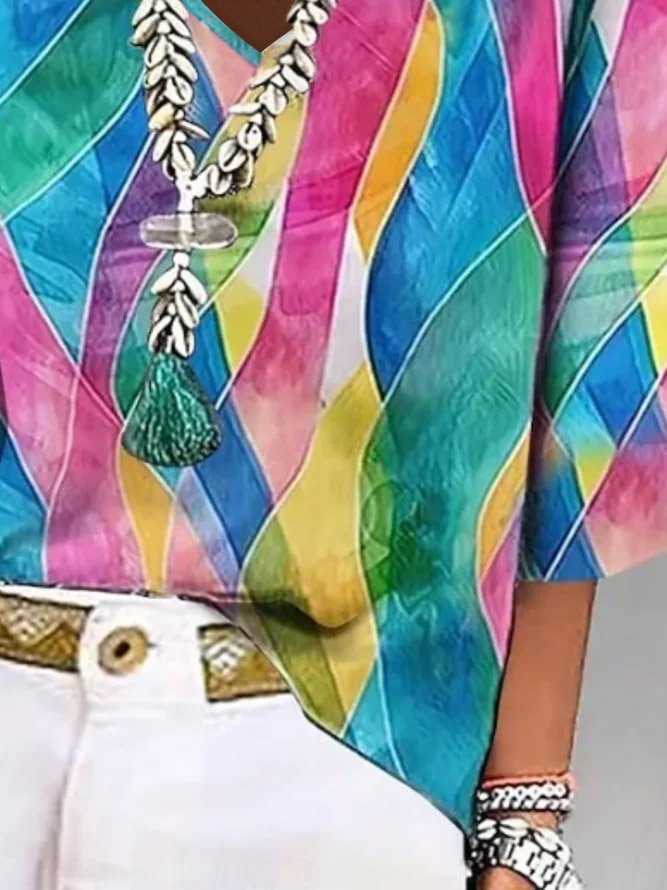 Schalkragen Halbarm Farbblock Regelmäßig Weit Bluse für Damen