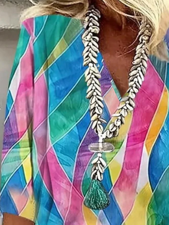 Schalkragen Halbarm Farbblock Regelmäßig Weit Bluse für Damen