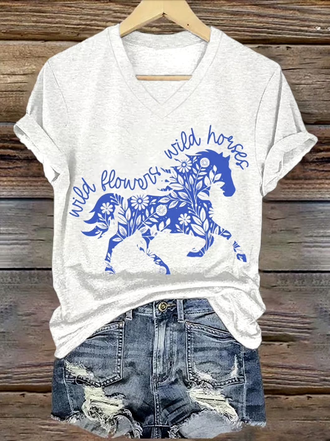 Lässig Geblümt V-Ausschnitt Kurzarm T-Shirt