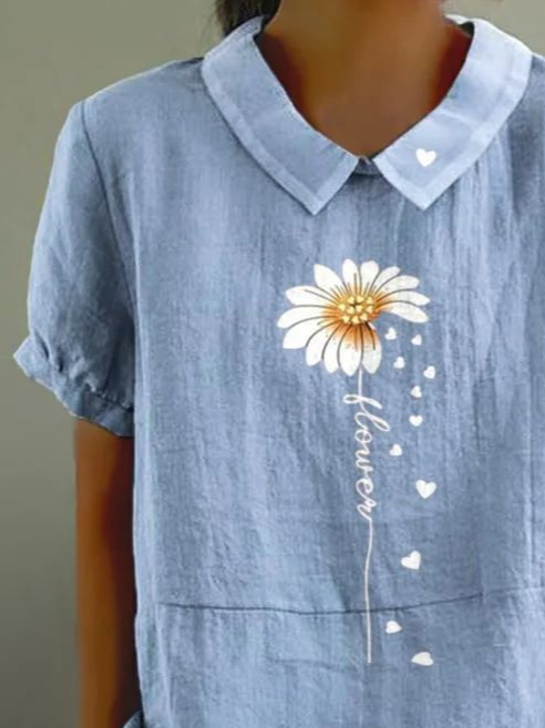 Schalkragen Kurzarm Geblümt Print Leicht Weit Bluse für Damen