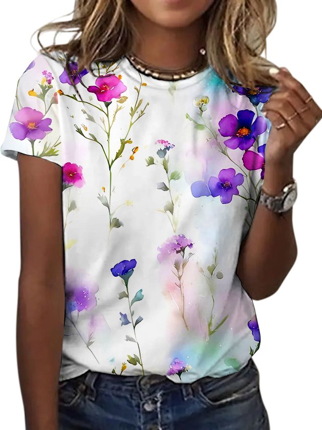 Lässig Geblümt Rundhals Kurzarm T-Shirt