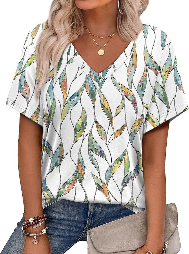 Lässig Geometrisch V-Ausschnitt Kurzarm T-Shirt
