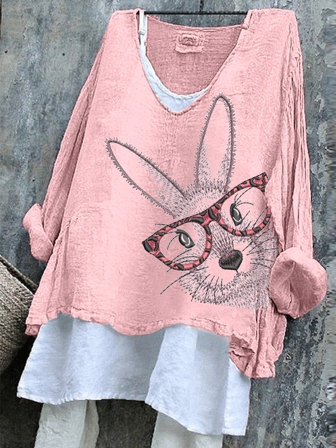 Retro OSTERN (Kaninchen) V-Ausschnitt Langarm T-Shirt