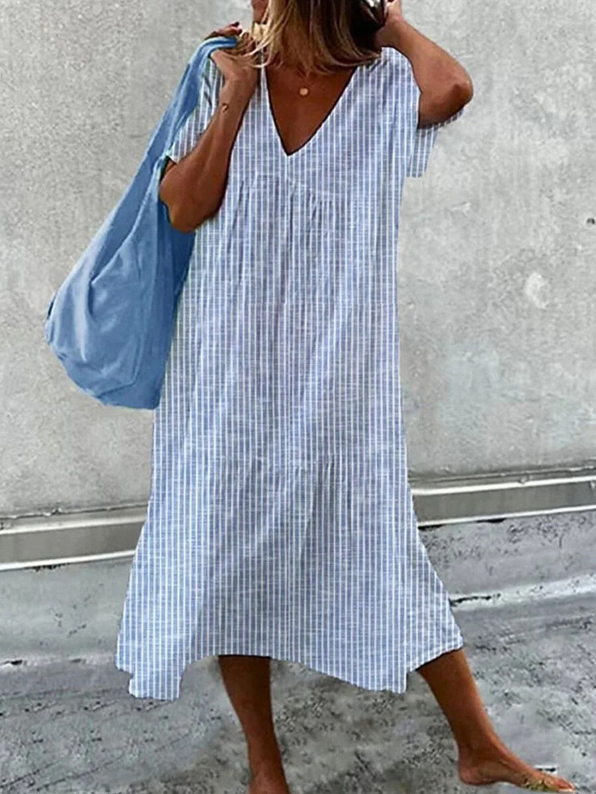 Damen Gestreift V-Ausschnitt Ärmellos Bequem Lässig Maxikleid