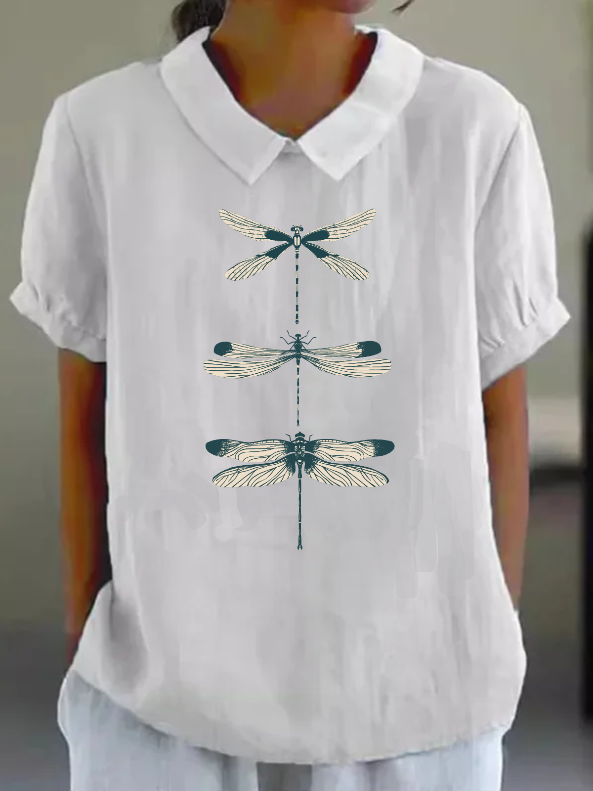 Schalkragen Halbarm Libelle Regelmäßig Weit Bluse für Damen