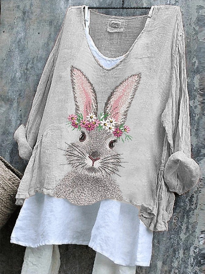 Retro OSTERN (Kaninchen) V-Ausschnitt Langarm T-Shirt