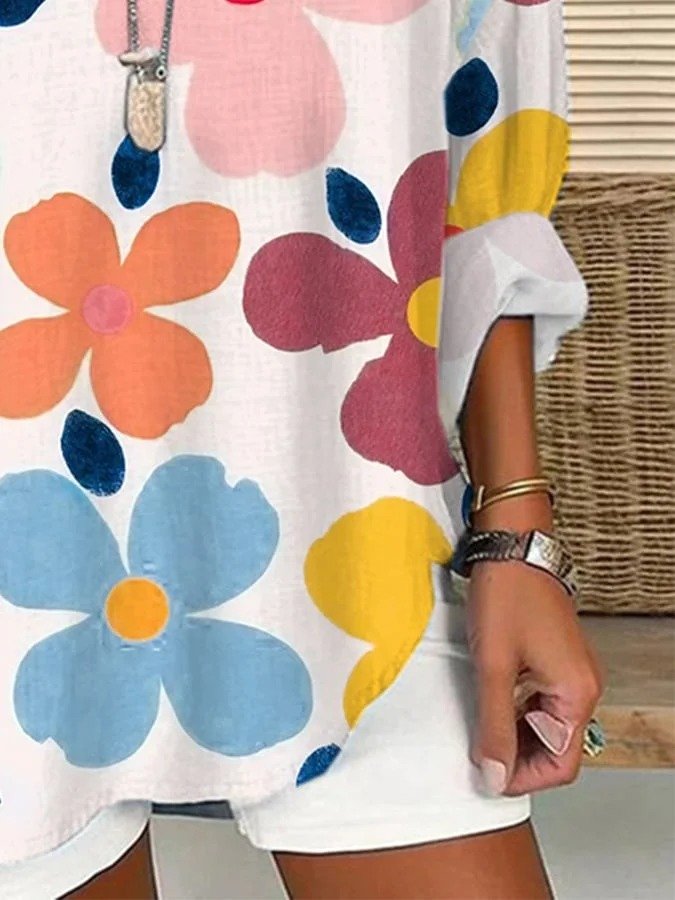 Schalkragen Halbarm Geblümt Regelmäßig Weit Bluse für Damen
