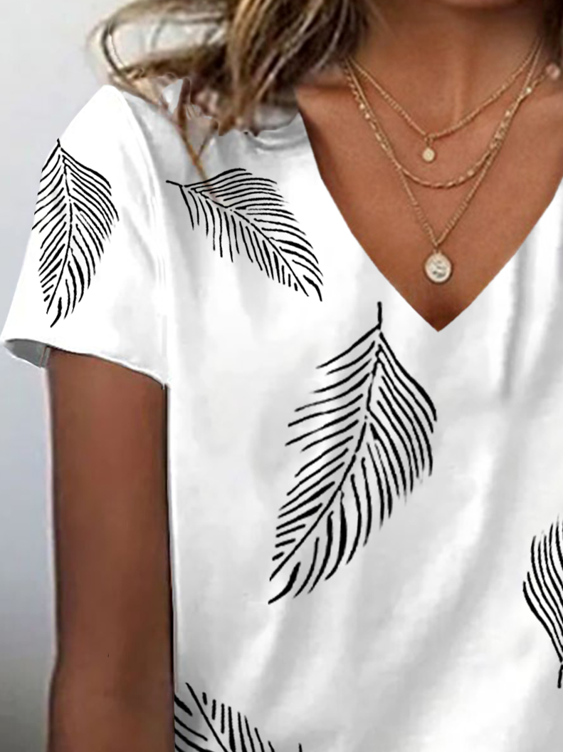 Lässig Feder V-Ausschnitt Kurzarm T-Shirt