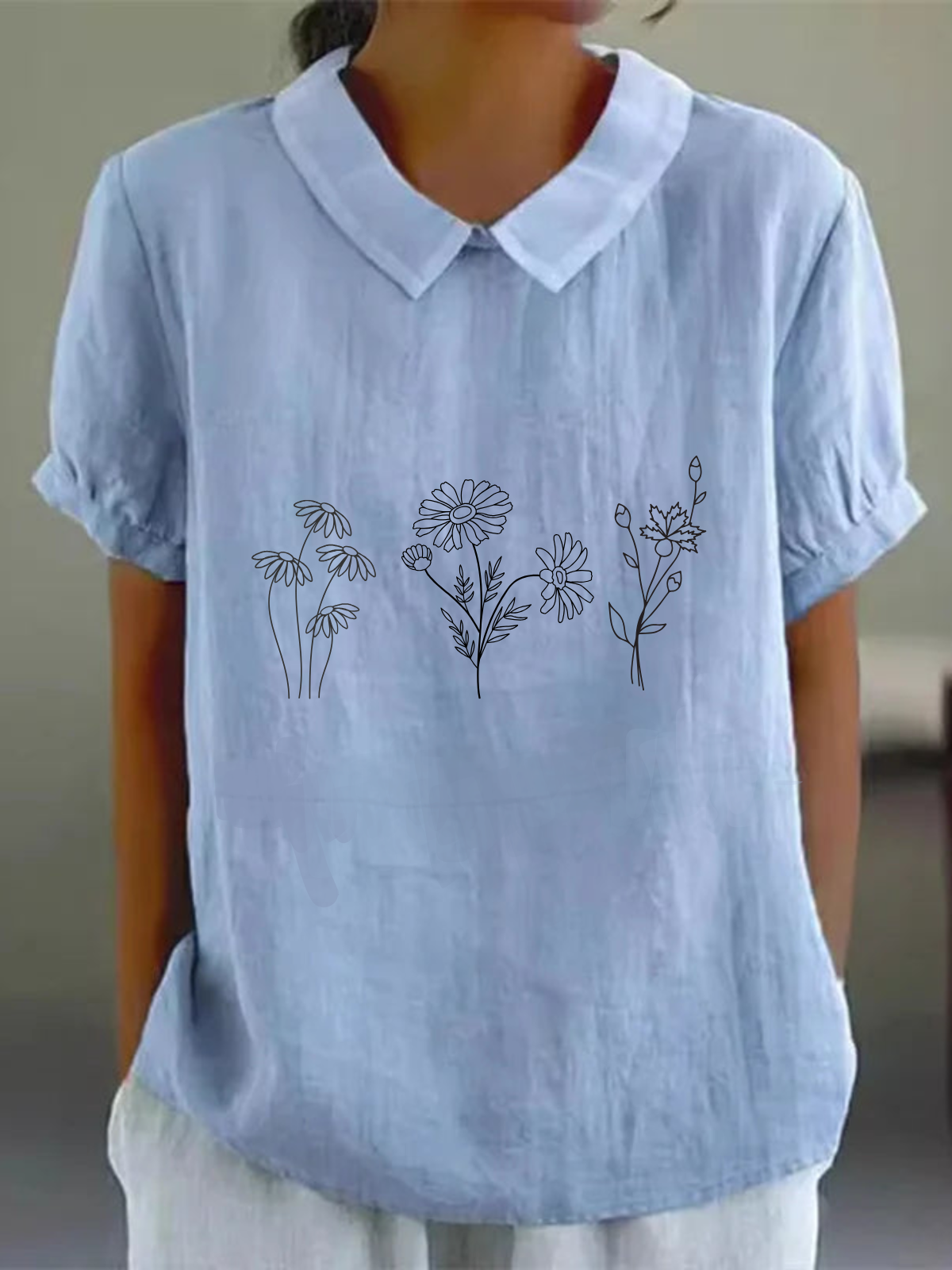 Schalkragen Halbarm Gänseblümchen Regelmäßig Weit Bluse für Damen