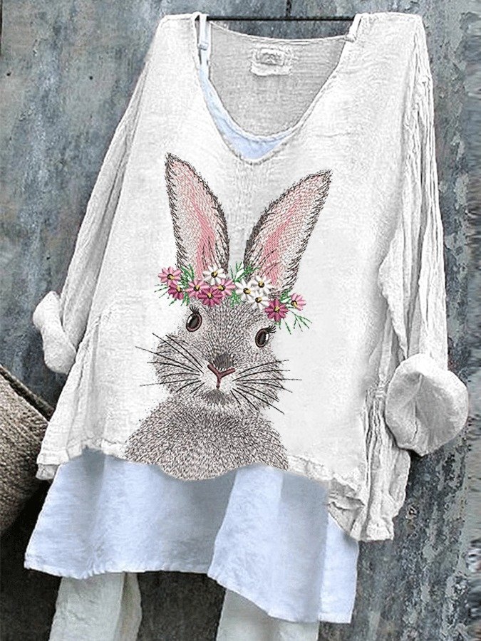 Retro OSTERN (Kaninchen) V-Ausschnitt Langarm T-Shirt