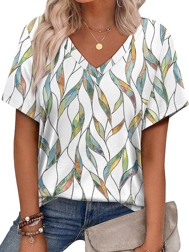 Lässig Geometrisch V-Ausschnitt Kurzarm T-Shirt