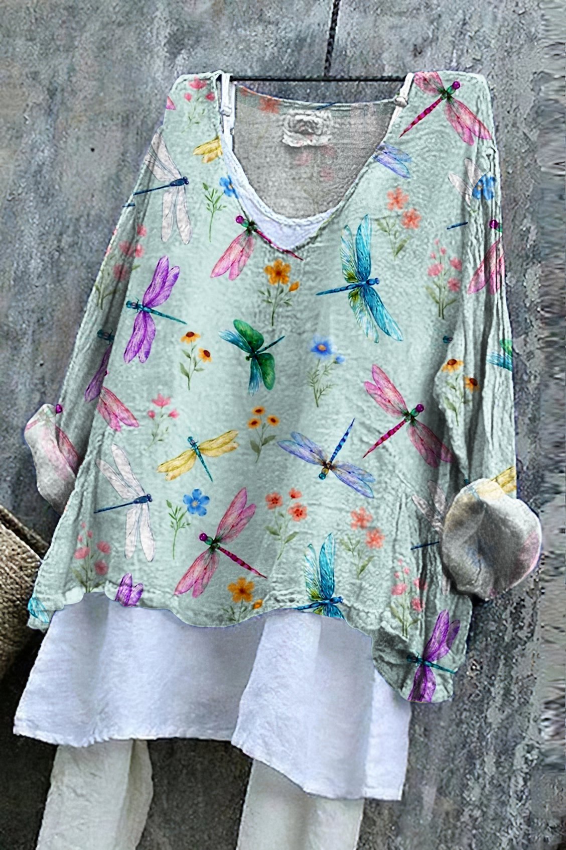 Lässig Geblümt V-Ausschnitt Langarm T-Shirt